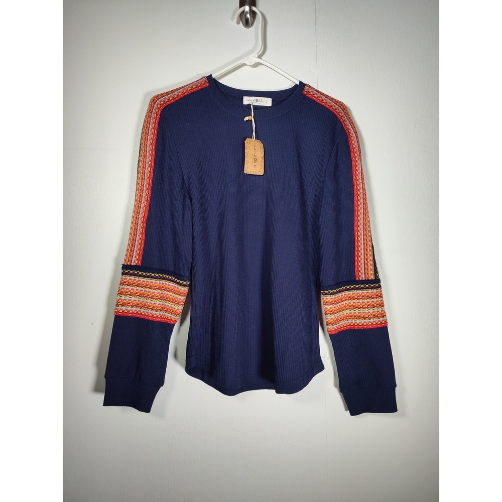 NWT Natural Life navy blue London fair isle trim long sleeve thermal top L